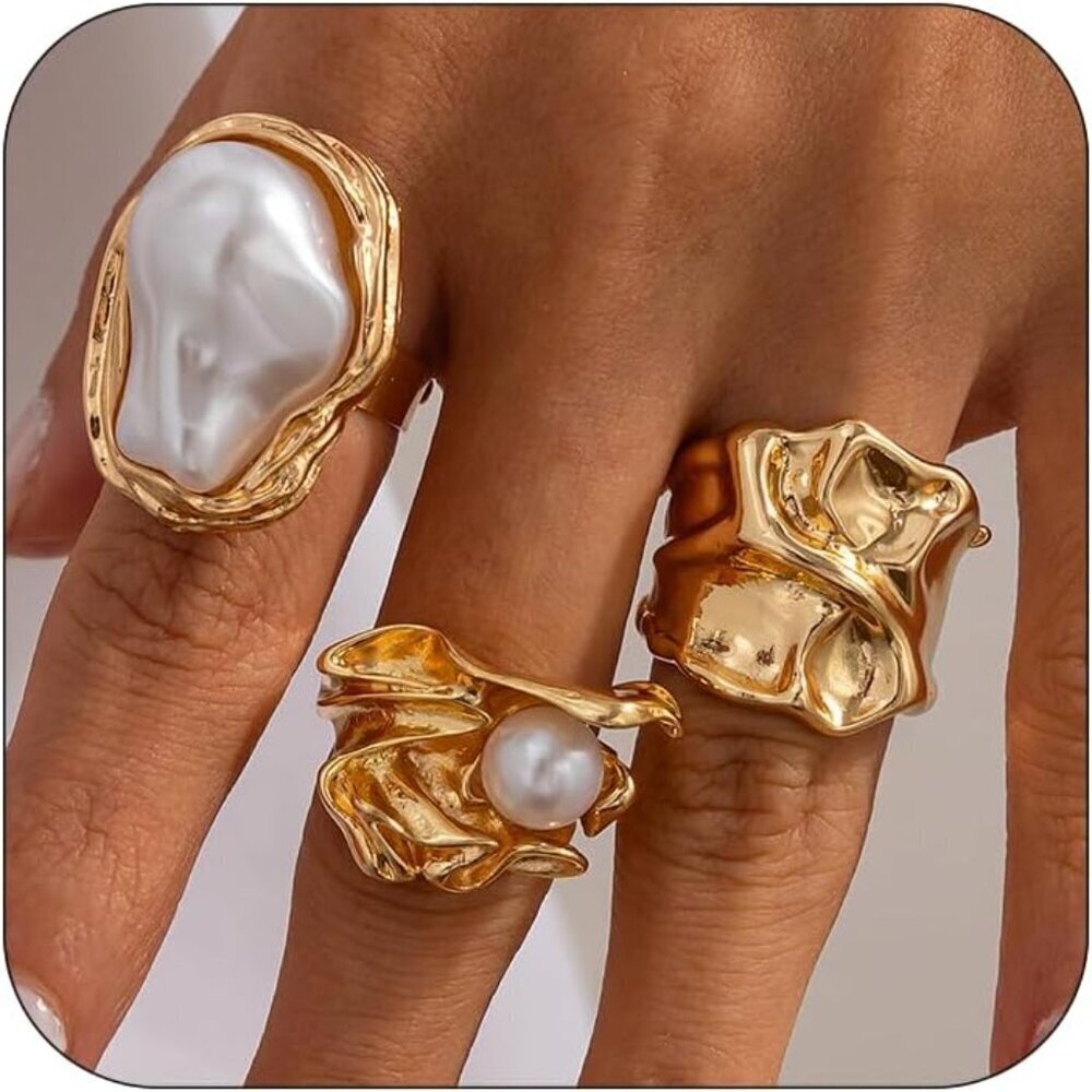 Pearl Ring Set for Women Chunky Adjustable Fake Pearl Jewelry Trendy